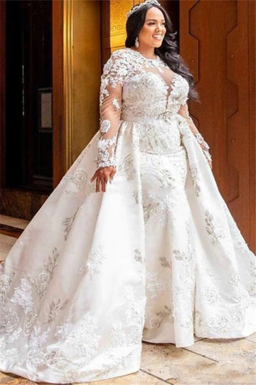 Trendy Long Sleeve Lace Appliques Plus Size Mermaid Overskirt Wedding Gown TWA225