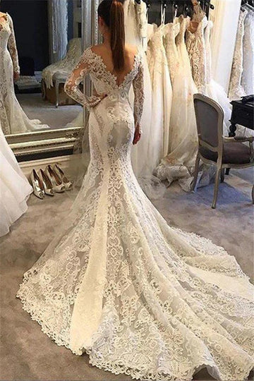 Lace Long Sleeve Court Train V-neck Mermaid Wedding Gown TWA229