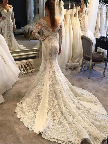 Lace Long Sleeve Court Train V-neck Mermaid Wedding Gown TWA229