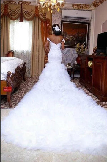 Trendy Lace Off the Shoulder Ruffles Mermaid Wedding Gown TWA230