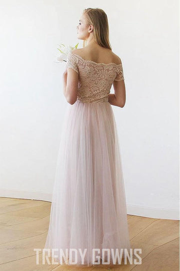 Off the Shoulder Pink Lace and Tulle Long Wedding Gown TWA2342