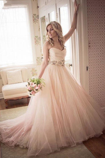 A-line Sweetheart Strapless Pink Long Tulle Wedding Gown TWA2352