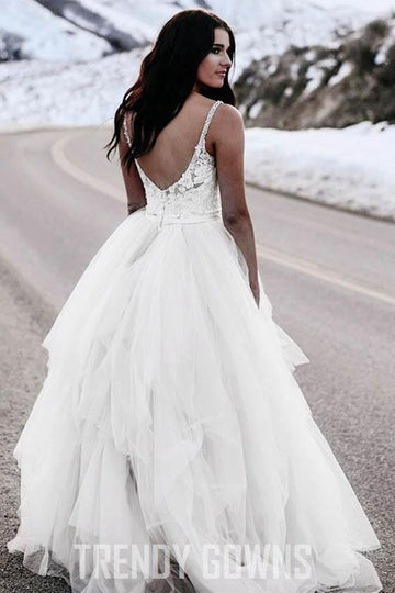 A-Line Spaghetti Straps Asymetrical Wedding Gown with Lace TWA2362