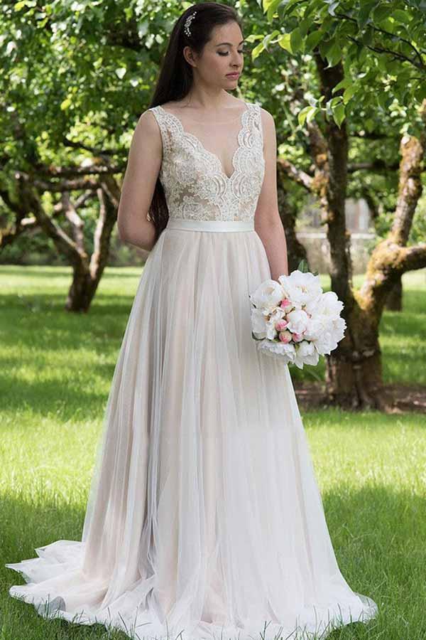 A-Line Round Neck Sweep Train Beach Wedding Gown with Appliques TWA2412