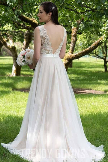 A-Line Round Neck Sweep Train Beach Wedding Gown with Appliques TWA2412