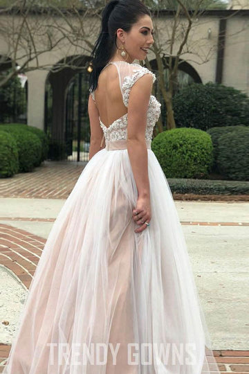 A-Line Round Neck Open Back Tulle Wedding Gown with Appliques Beading TWA2422