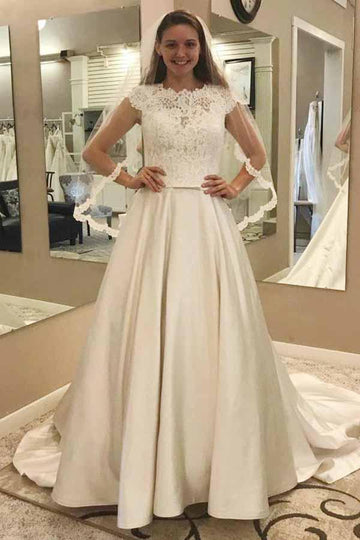 A-Line Round Neck Satin Wedding Gown with Lace Pockets TWA2462