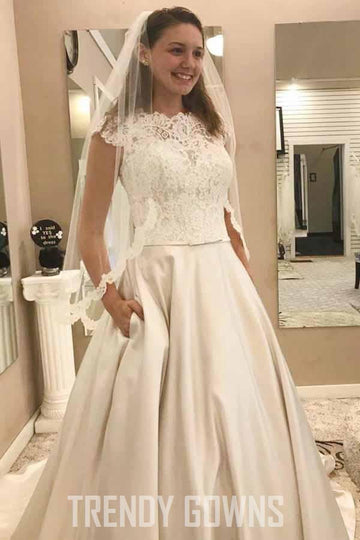 A-Line Round Neck Satin Wedding Gown with Lace Pockets TWA2462