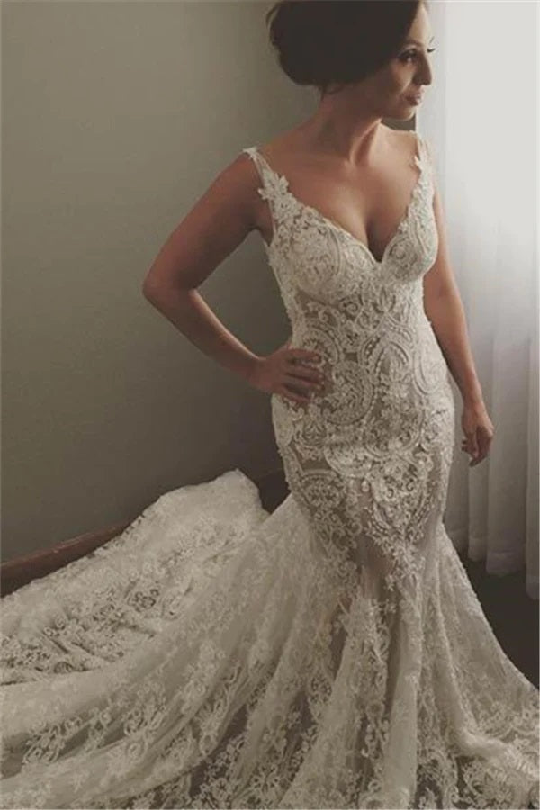 Trendy Petite V-neck Lace Mermaid Wedding Gown TWA248