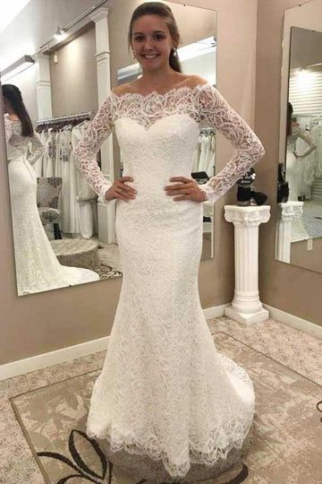 Mermaid Off-the-Shoulder Lace Wedding Gown with Long Sleeves TWA2482