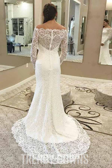 Mermaid Off-the-Shoulder Lace Wedding Gown with Long Sleeves TWA2482