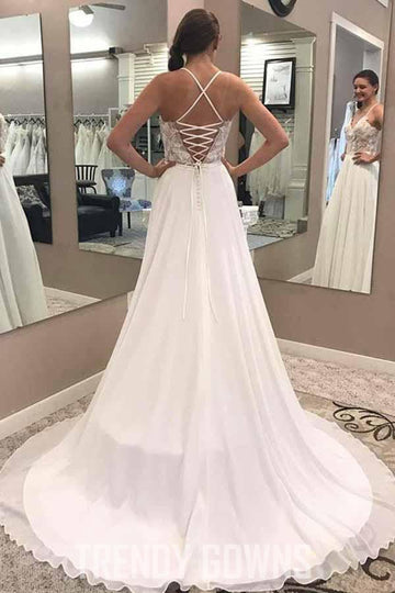 Trendy A-Line Spaghetti Straps Chiffon Wedding Gown with Lace Split TWA2502