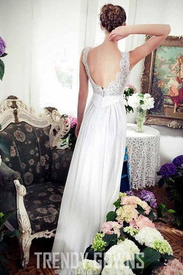 A-Line V-Neck Sweep Train Boho Chiffon Lace Beach Wedding Gown TWA2622