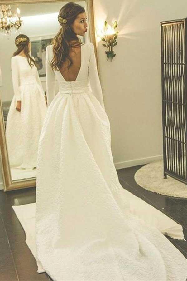 Trendy A-Line Satin Long Sleeve Wedding Gown TWA2662