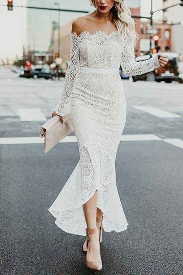 Mermaid Off-the-Shoulder Long Sleeves High Low Lace Wedding Gown TWA2782