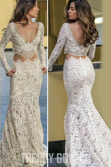 Mermaid Deep V-Neck Long Sleeve Wedding Gown with Pockets TWA2812