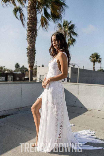 A-line Spaghetti Strap Lace Chiffon Beach Wedding Gown TWA2902