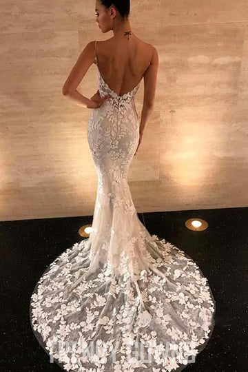 Trendy Mermaid Straps Open Back Lace Wedding Gown TWA3052