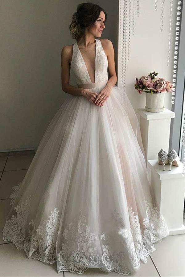 Trendy V-Neck Lace Tulle Pink Wedding Gowns TWA3062