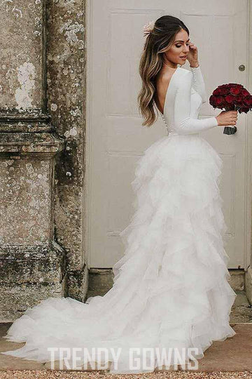 A-Line Round Neck Court Train Long Sleeves Wedding Gown TWA3072