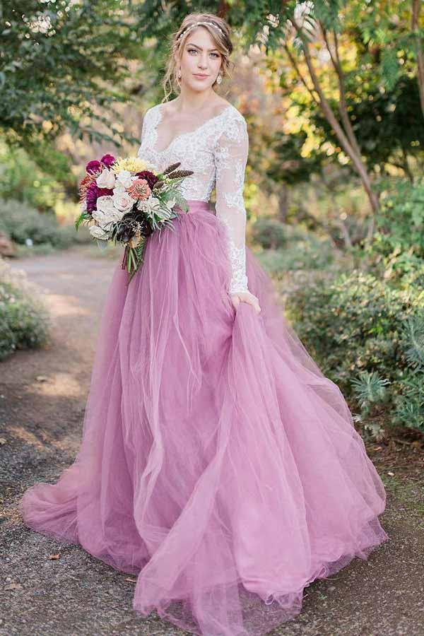 A-Line V-Neck Long Sleeves Pink Tulle Lace Appliques Wedding Gown TWA3112