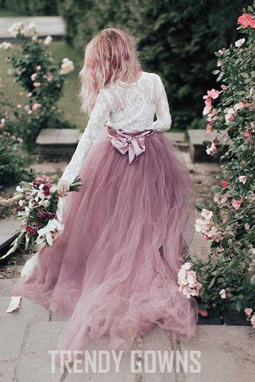 A-Line V-Neck Long Sleeves Pink Tulle Lace Appliques Wedding Gown TWA3112