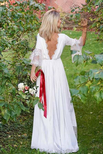 A-Line V-Neck Long Sleeves Satin Boho Lace Wedding Gown TWA3122