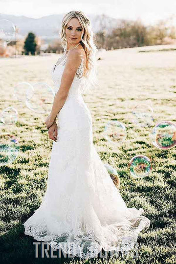 Mermaid V-Neck Sweep Train Lace Wedding Gown TWA3222