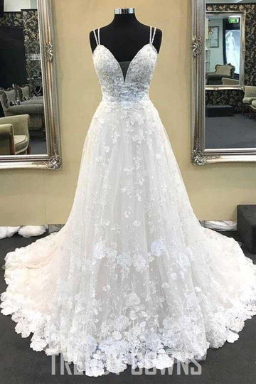 Ball Gown V Neck Spaghetti Straps Ivory Lace Wedding Gown TWA3312