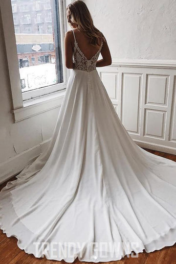 Chiffon A-line V-neck Lace Spaghetti Straps Wedding Gown TWA3432