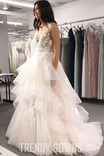 Trendy V Neck Ball Gown Layered Skirt Wedding Gown TWA3452