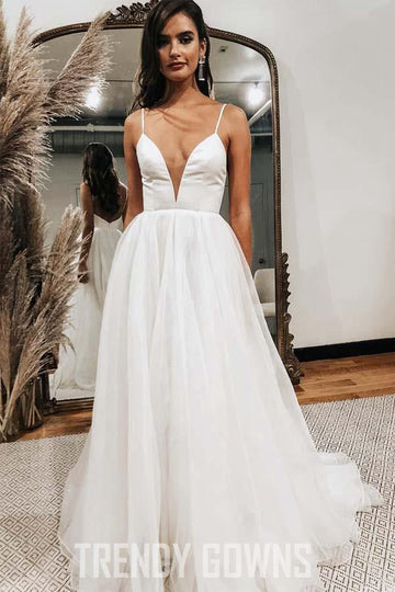 Trendy A-line Plunging Neck Tulle White Wedding Gown TWA3482