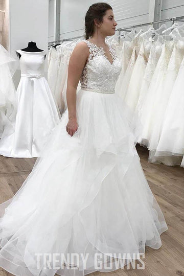 Trendy A-line Appliques Ruffles Plus Size Wedding Gown TWA3582