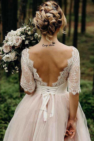 Half Sleeves Pink Lace Country Wedding Gown TWA3672