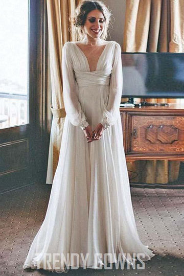 A-Line V-Neck Long Sleeve Chiffon Beach Wedding Gown TWA3892