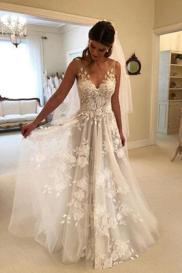 A-Line V-neck Appliques Sweep Train Wedding Gown TWA3942