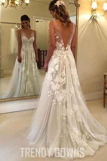 A-Line V-neck Appliques Sweep Train Wedding Gown TWA3942