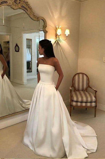 Trendy A-line Strapless Open Back Satin Ivory Wedding Gown with Pockets TWA3952