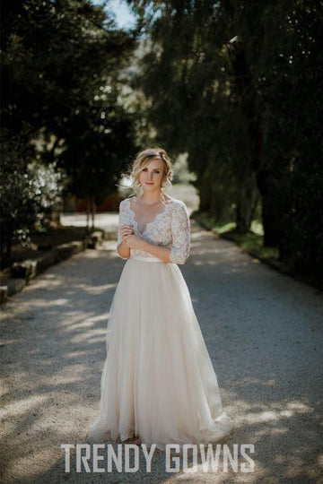 Rustic Tulle V-neck Half Sleeves A-line Wedding Gown TWA4012