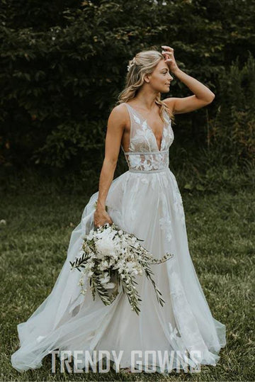 Trendy Lace Tulle V-neck V-back Rustic Beach Wedding Gown TWA4192