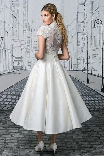 Trendy Short V-neck Lace Tea-length Ivory Bridal Gown TWA4222