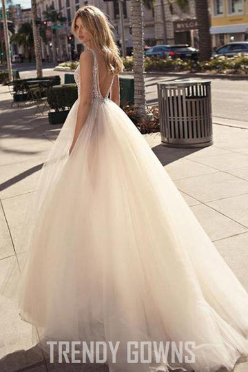 Trendy A Line V Neck Beaded Tulle Wedding Gown TWA4372