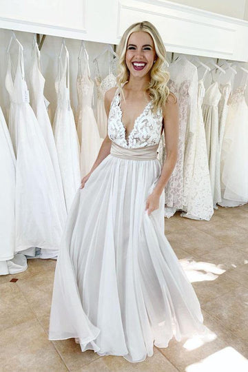 Trendy Criss Cross Waistband Deep V-Neck Wedding Gown TWA4432