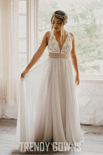 Trendy Criss Cross Waistband Deep V-Neck Wedding Gown TWA4432