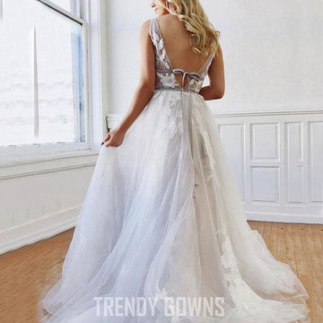 Trendy A Line Appliques Deep V-Neck White Wedding Gown TWA4462