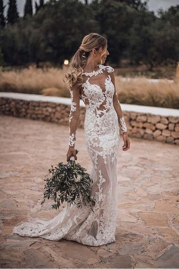 Trendy Long Sleeve Lace Appliques Mermaid Rustic Wedding Gown TWA4472