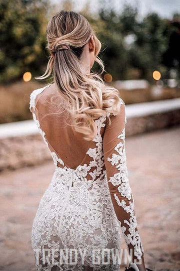 Trendy Long Sleeve Lace Appliques Mermaid Rustic Wedding Gown TWA4472