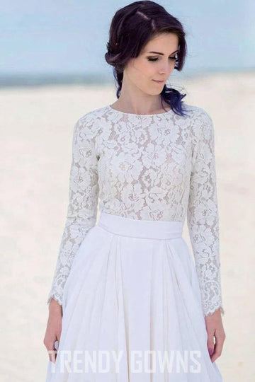 Chiffon Lace Long Sleeve White Zipper Beach Bridal Gowns TWA4512