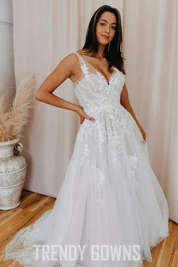 Trendy A-line V Neck Tulle Lace Appliques Wedding Gown TWA4802