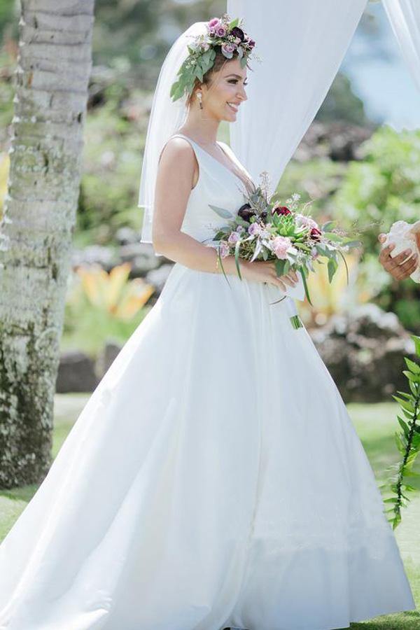 Trendy A Line V Neckline Pleated Waistband Satin Outdoor Wedding Gowns TWA4822